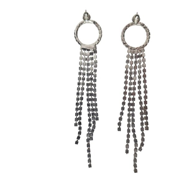 Elegant Silver Tone Rhinestone Tassel Dangle Earrings Statement Jewelry - Picture 2 of 2